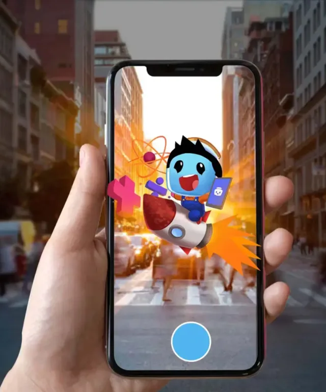 A mobile game character jumping out of a smartphone screen